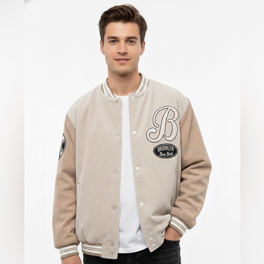 NWT H&M Brooklyn NYC Corduroy Varsity Jacket Large L Beige Streetwear Retro